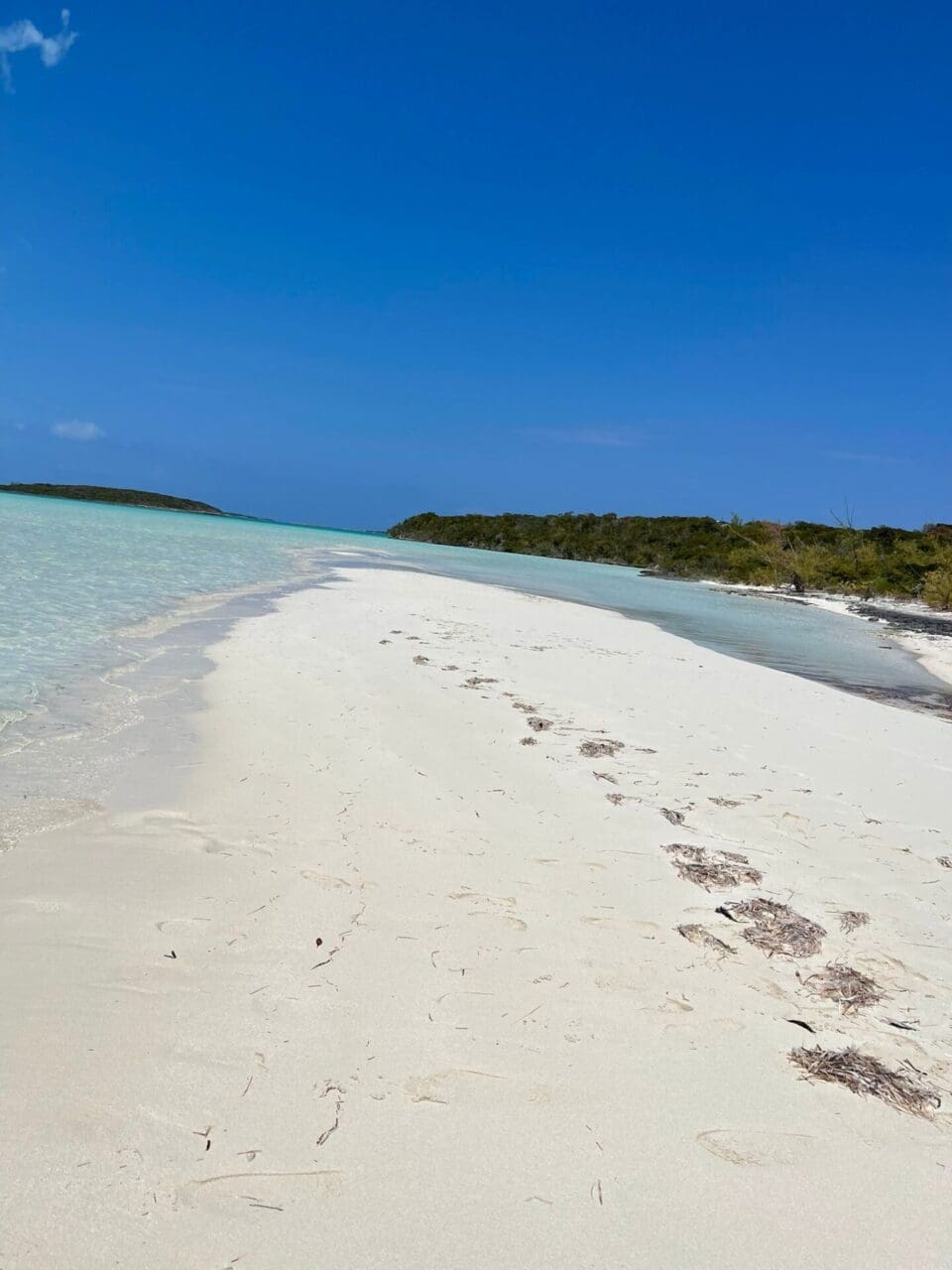 A beach with footprints in the sand and water